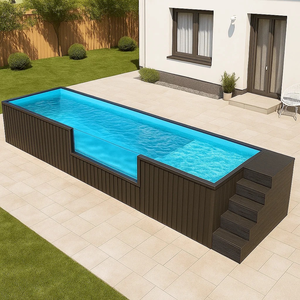 Piscine rectangulaire surélevée dans un jardin