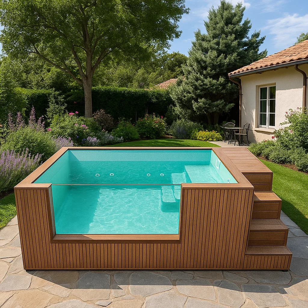 Piscine surélevée avec parois en verre dans un jardin