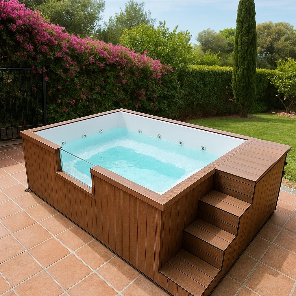 Jacuzzi extérieur en bois sur terrasse