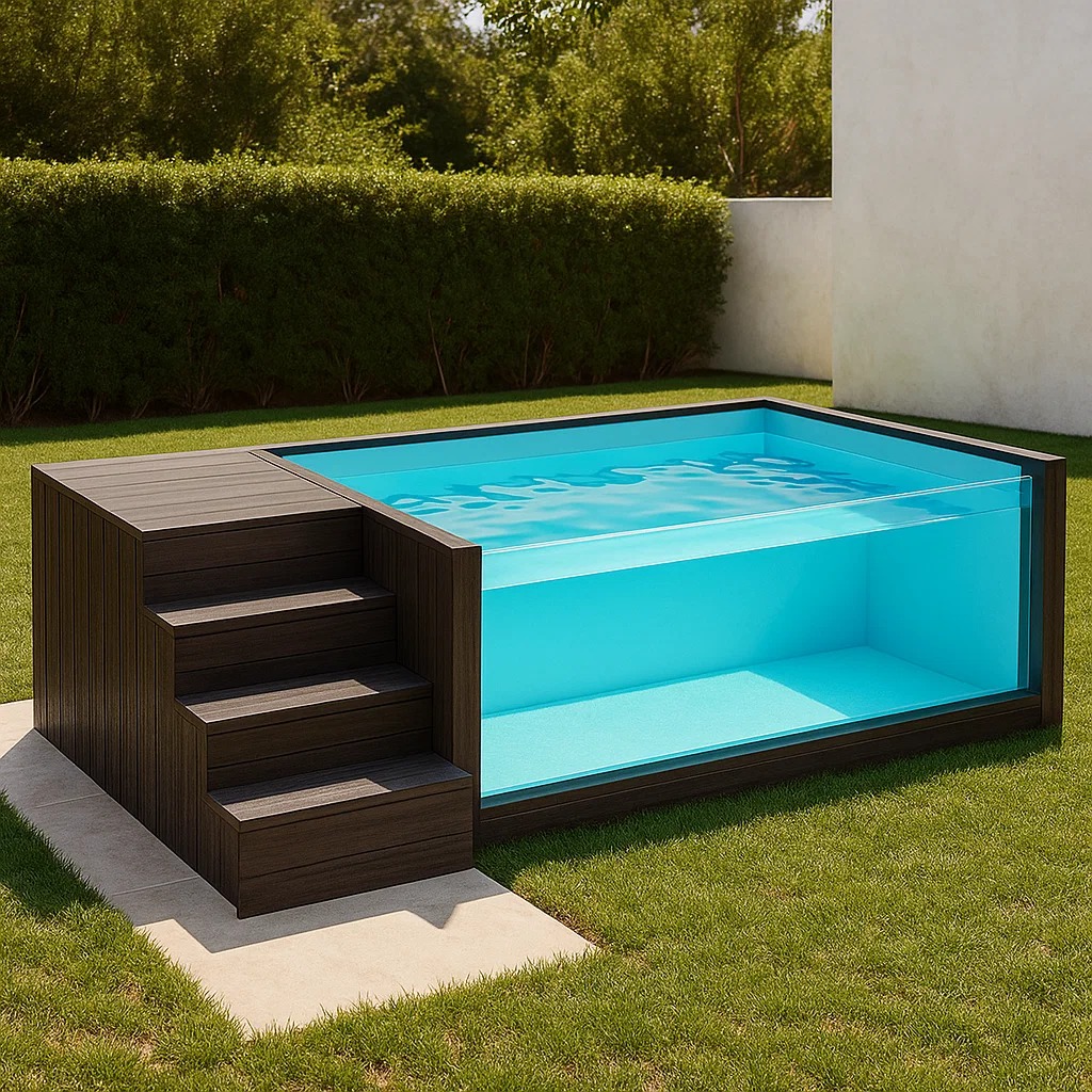 Petite piscine rectangulaire avec parois en verre